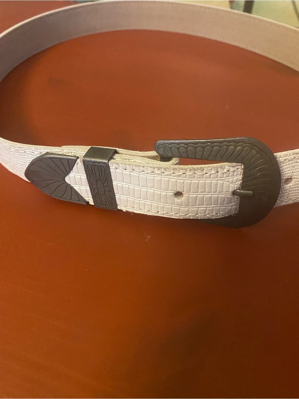 White Croc-Embossed Leather Belt with Pewter color Buckle